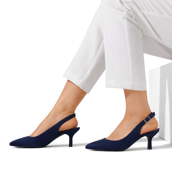 Slingback Pointed Toe Kitten Heel Pumps - NAVY SUEDE - 5